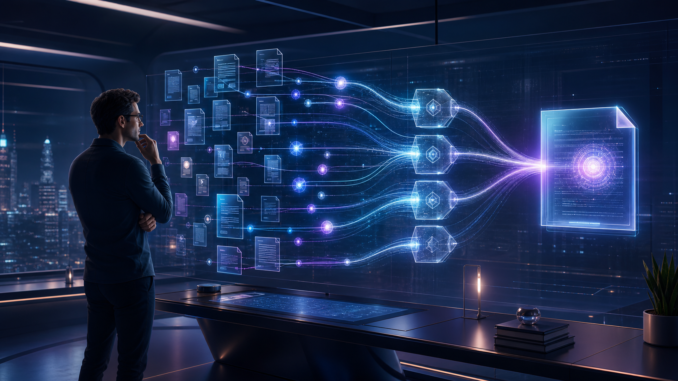 A cyberpunk analyst examining a luminous network of verified sources converging into a concise decision brief