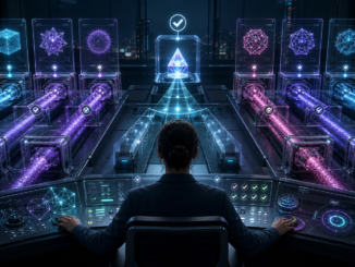 A cyberpunk quality-control lab comparing multiple AI outputs against illuminated test cases under human supervision