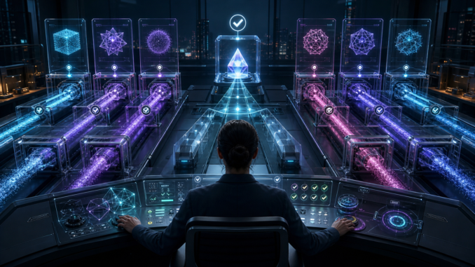 A cyberpunk quality-control lab comparing multiple AI outputs against illuminated test cases under human supervision