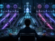 A cyberpunk quality-control lab comparing multiple AI outputs against illuminated test cases under human supervision