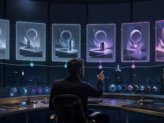 A cyberpunk creative director refining one visual through six controlled holographic editing stages
