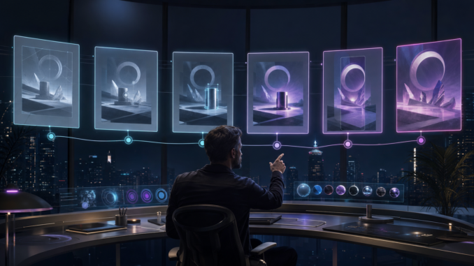 A cyberpunk creative director refining one visual through six controlled holographic editing stages