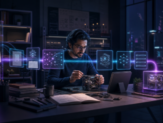 A professional learning in a cyberpunk study lab as verified knowledge sources form an illuminated path toward a finished project
