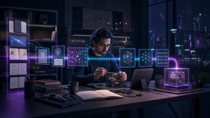 A professional learning in a cyberpunk study lab as verified knowledge sources form an illuminated path toward a finished project
