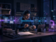 A professional learning in a cyberpunk study lab as verified knowledge sources form an illuminated path toward a finished project