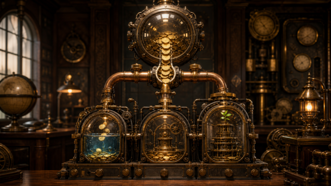 A premium steampunk wealth machine directing coins into three distinct chambers for liquidity, planned goals and long-term growth