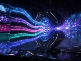 A cyberpunk AI core processing organized streams of source documents, examples, constraints and verification under human supervision