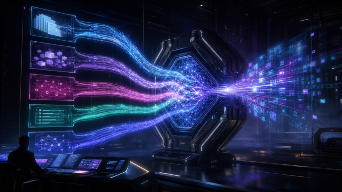 A cyberpunk AI core processing organized streams of source documents, examples, constraints and verification under human supervision