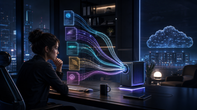 A cyberpunk professional routing private documents through a secure on-device AI workstation