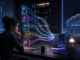 A cyberpunk professional routing private documents through a secure on-device AI workstation