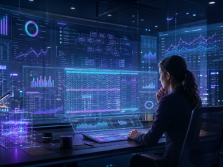 A cyberpunk finance operator reviewing connected spreadsheet dashboards in a calm neon control room