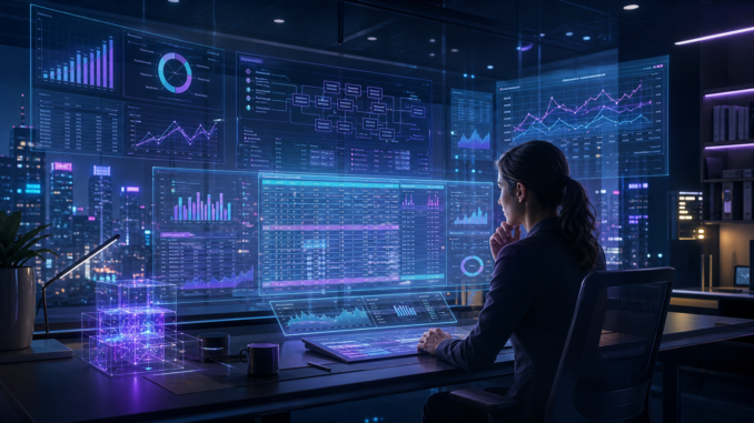 A cyberpunk finance operator reviewing connected spreadsheet dashboards in a calm neon control room