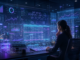 A cyberpunk finance operator reviewing connected spreadsheet dashboards in a calm neon control room