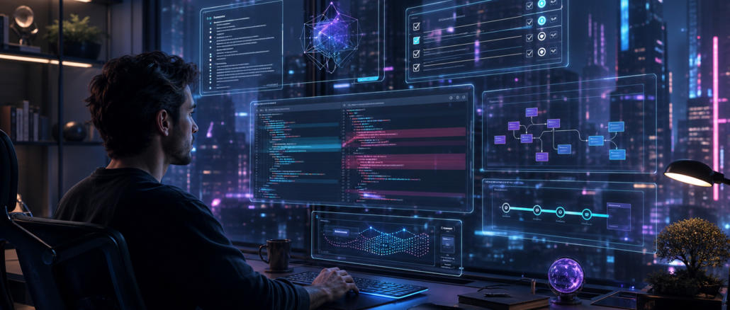 A cyberpunk founder reviewing specs, tests, code diffs and deployment checks in an AI coding workspace