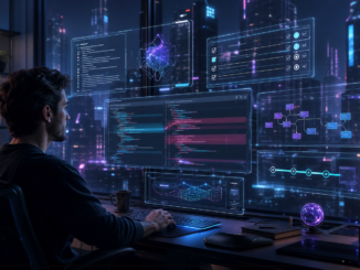A cyberpunk founder reviewing specs, tests, code diffs and deployment checks in an AI coding workspace