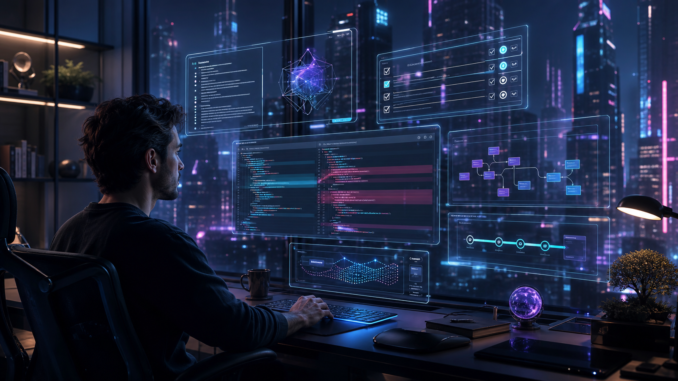 A cyberpunk founder reviewing specs, tests, code diffs and deployment checks in an AI coding workspace