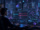 A cyberpunk founder reviewing specs, tests, code diffs and deployment checks in an AI coding workspace