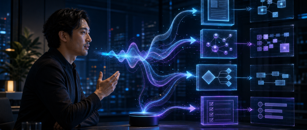 A cyberpunk entrepreneur turning a live voice conversation into structured briefs, decisions and tasks