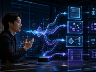 A cyberpunk entrepreneur turning a live voice conversation into structured briefs, decisions and tasks