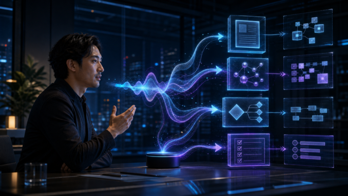 A cyberpunk entrepreneur turning a live voice conversation into structured briefs, decisions and tasks