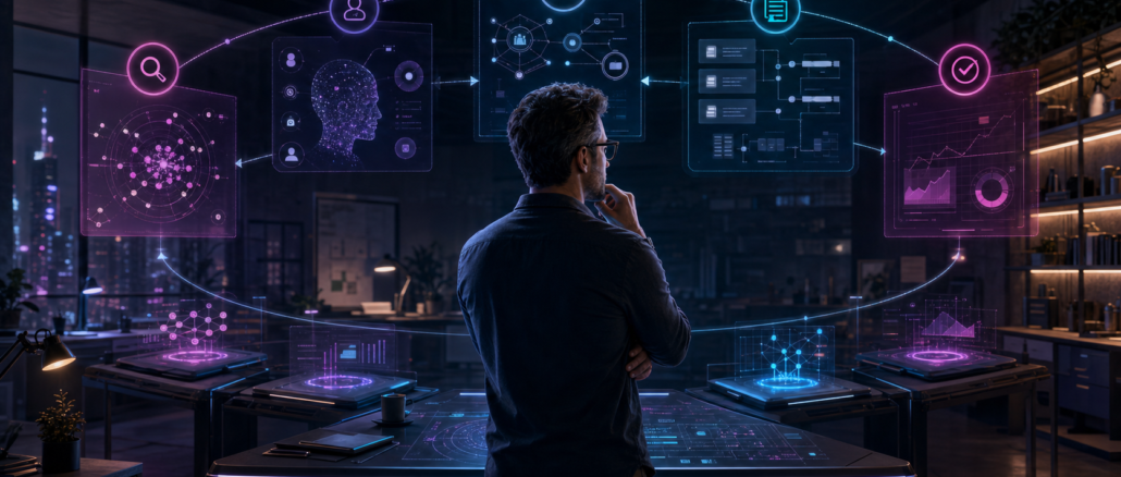A small-business owner supervising a calm cyberpunk operations desk with customer signals, plans and approval gates
