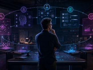 A small-business owner supervising a calm cyberpunk operations desk with customer signals, plans and approval gates