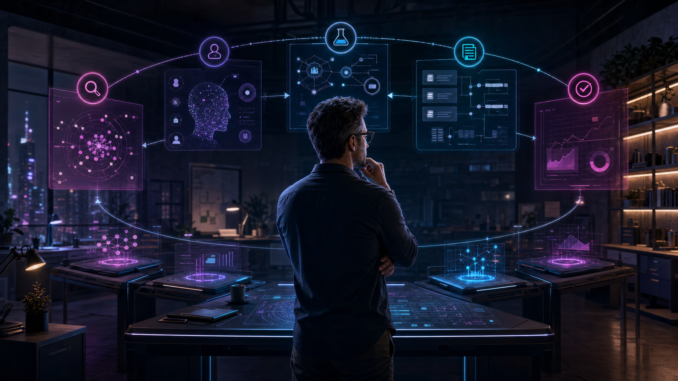 A small-business owner supervising a calm cyberpunk operations desk with customer signals, plans and approval gates