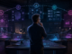 A small-business owner supervising a calm cyberpunk operations desk with customer signals, plans and approval gates