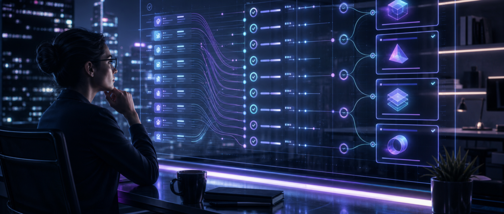A cyberpunk analyst comparing completed work, time, quality and review signals across a calm neon outcome ledger