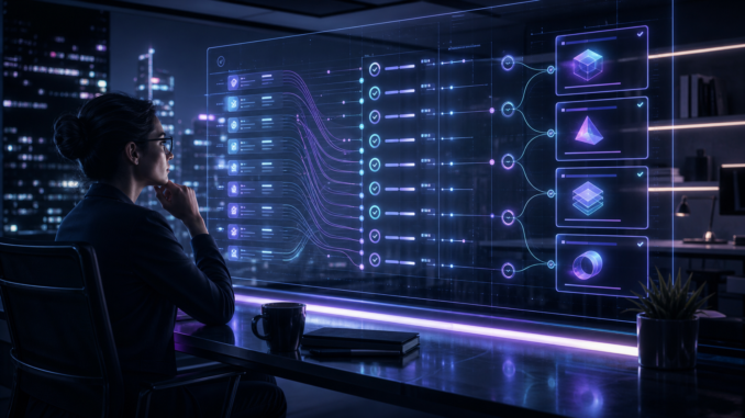 A cyberpunk analyst comparing completed work, time, quality and review signals across a calm neon outcome ledger