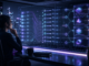 A cyberpunk analyst comparing completed work, time, quality and review signals across a calm neon outcome ledger