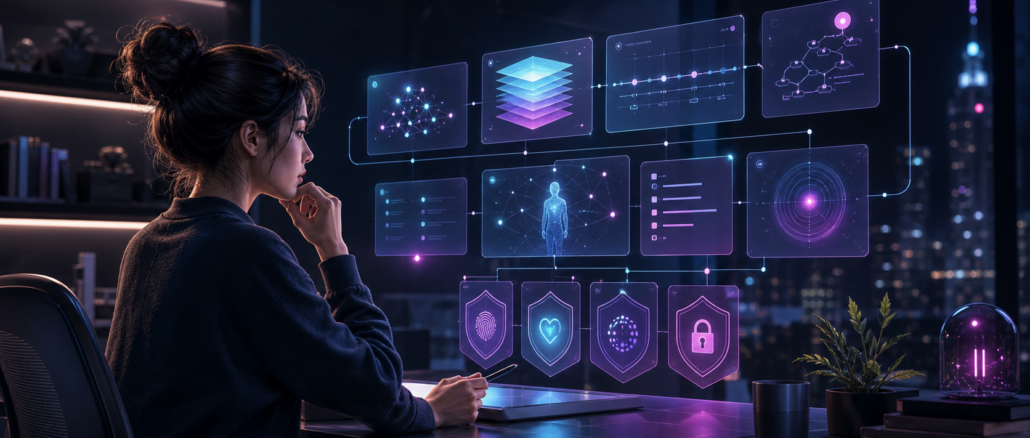 A thoughtful cyberpunk creator reviewing a structured personal AI memory system with clean context cards and privacy gates