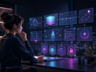 A thoughtful cyberpunk creator reviewing a structured personal AI memory system with clean context cards and privacy gates