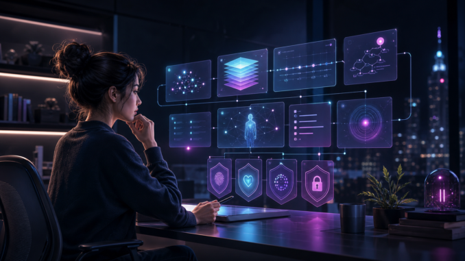 A thoughtful cyberpunk creator reviewing a structured personal AI memory system with clean context cards and privacy gates