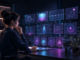 A thoughtful cyberpunk creator reviewing a structured personal AI memory system with clean context cards and privacy gates