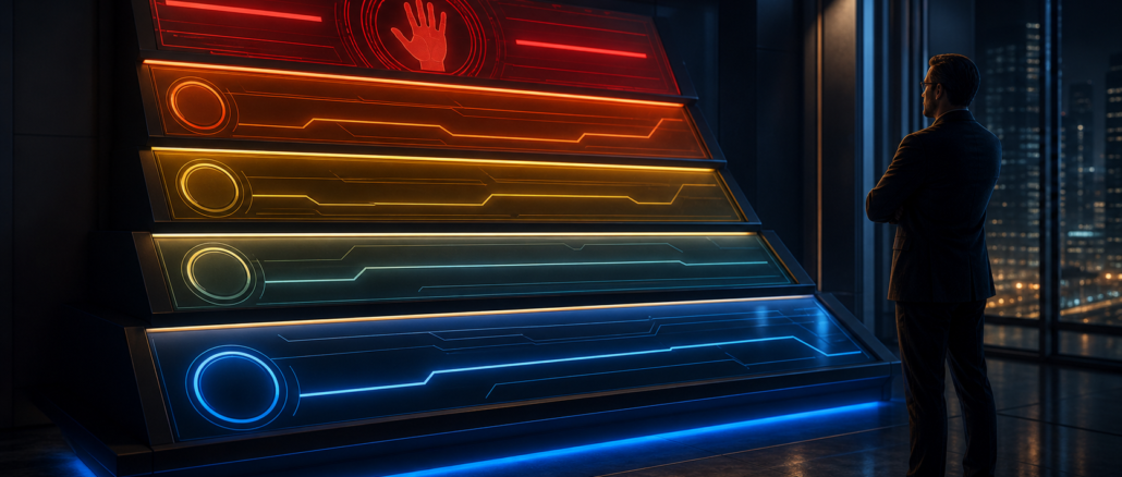 A professional studies a five-tier cyberpunk control console that rises from blue read-only levels to a red human-authorisation gate