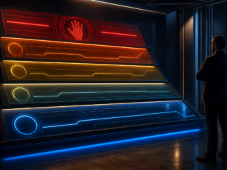 A professional studies a five-tier cyberpunk control console that rises from blue read-only levels to a red human-authorisation gate