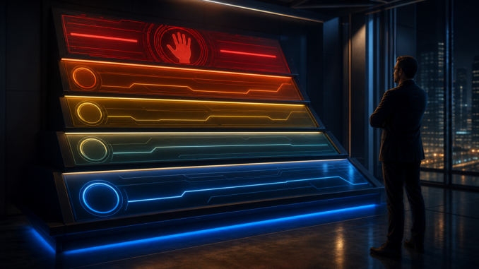 A professional studies a five-tier cyberpunk control console that rises from blue read-only levels to a red human-authorisation gate