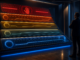 A professional studies a five-tier cyberpunk control console that rises from blue read-only levels to a red human-authorisation gate