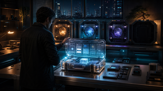 A creator organises portable workflow modules in a transparent archive case beside several interchangeable illuminated AI cores