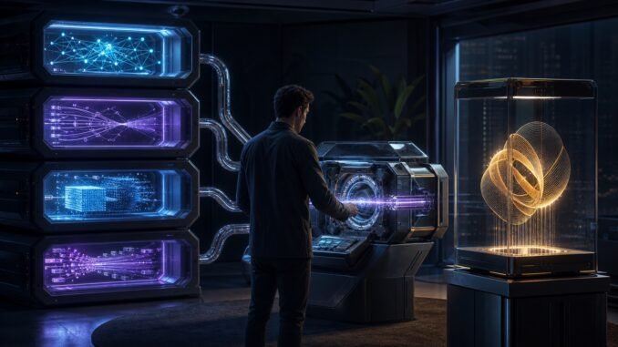 A solo professional connects four glowing modular workstations into one machine that produces a polished digital asset