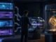 A solo professional connects four glowing modular workstations into one machine that produces a polished digital asset