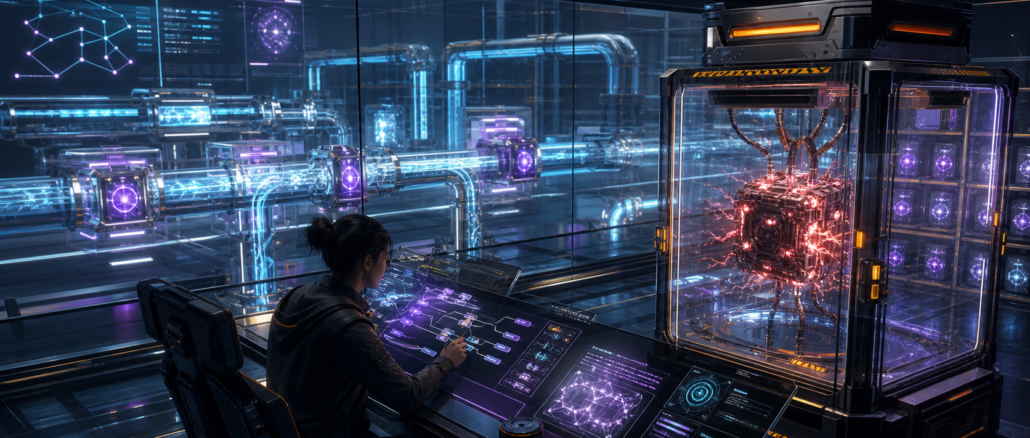 A cyberpunk operator records a malfunctioning AI workflow module in a structured incident archive while the main system remains safely isolated