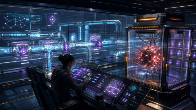 A cyberpunk operator records a malfunctioning AI workflow module in a structured incident archive while the main system remains safely isolated