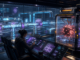 A cyberpunk operator records a malfunctioning AI workflow module in a structured incident archive while the main system remains safely isolated