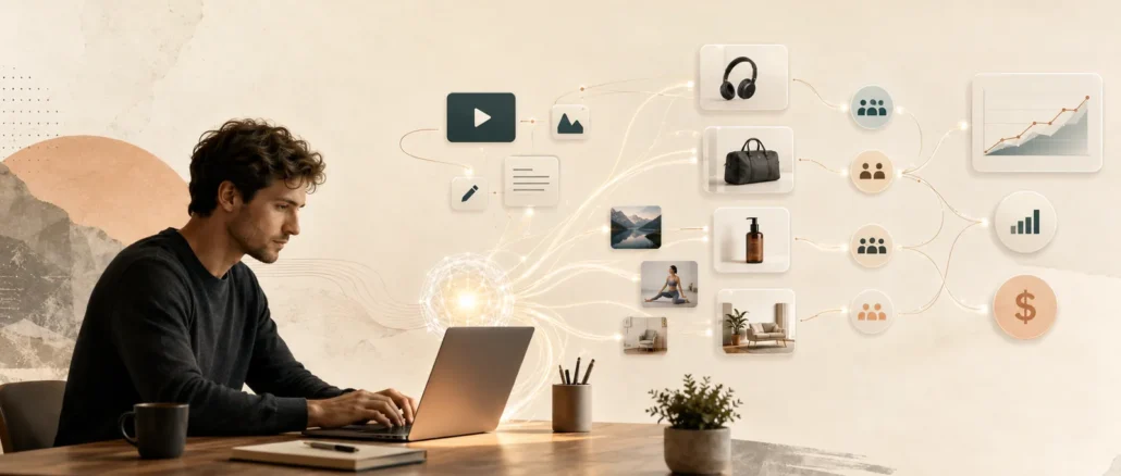 A digital creator using an AI-powered system to connect content, product recommendations, audiences and affiliate revenue
