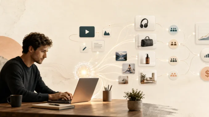 A digital creator using an AI-powered system to connect content, product recommendations, audiences and affiliate revenue