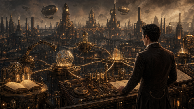 Steampunk city powered by interconnected AI agent systems