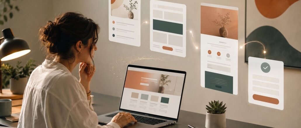 Solo entrepreneur using AI-assisted visual cards to assemble a landing page on a laptop in a warm editorial workspace