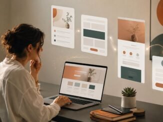 Solo entrepreneur using AI-assisted visual cards to assemble a landing page on a laptop in a warm editorial workspace